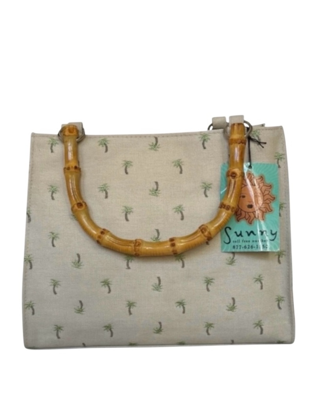 Sunny Hawaii Tan Embroidered Palm Tree Canvas Tote Bag with Bamboo Handles